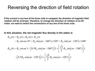 Reversing the direction of field rotation
If the current in any two of the three coils is swapped, the direction of magnetic field
rotation will be reversed. Therefore, to change the direction of rotation of an AC
motor, we need to switch the connections of any two of the three coils.
In this situation, the net magnetic flux density in the stator is
 