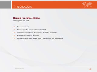 TECNOLOGIA
Canais Entrada e Saída
Interações de Fax
Faxes recebidos
Faxes enviados a demanda desde a IVR
Armanazenamento em Repositorio de Dados indexado
Busca e visualização de faxes
Distribuição em base a ANI, DNIS e informação que vem do IVR
 