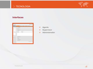 TECNOLOGIA
Interfaces
Agente
Supervisor
Administrador
 