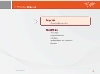 MÓDULO: EmpresaEmpresaResumen CorporativoTecnologíaParadigmaFuncionalidadesInterfacesHerramientas de DesarrolloHosting