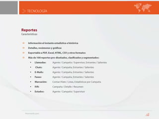 TECNOLOGÍAGrabación y MonitoreoConsola de búsqueda, filtro y reproducciónFiltro porRango de fechasRango de horasDuración de llamadaCaller IdDNISCampañaAgenteLlamada / Correo de VozParámetros customizables