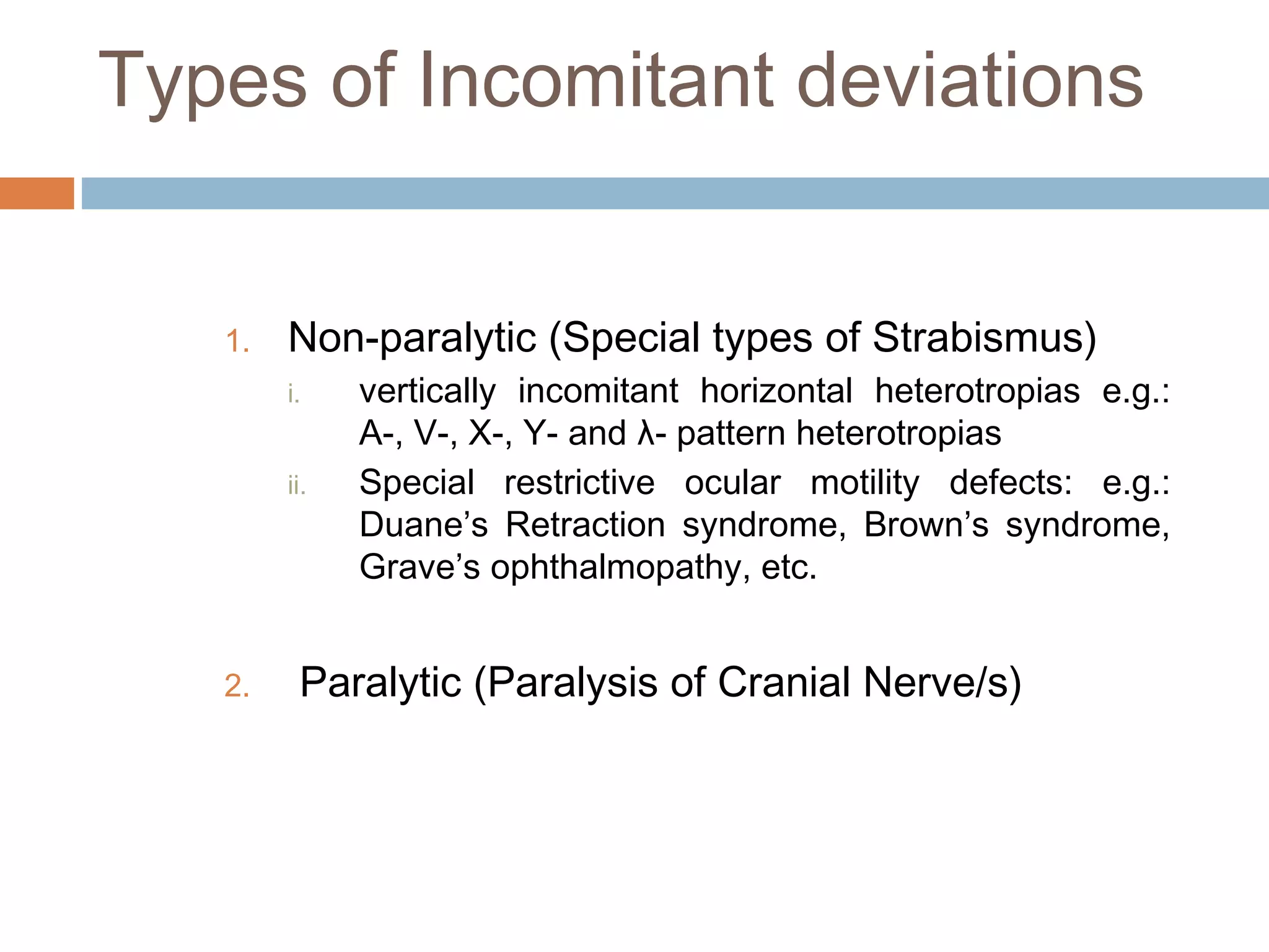 Types of Incomitant deviations
1. Non-paralytic (Special types of Strabismus)
i. vertically incomitant horizontal heterotropias e.g.:
A-, V-, X-, Y- and λ- pattern heterotropias
ii. Special restrictive ocular motility defects: e.g.:
Duane’s Retraction syndrome, Brown’s syndrome,
Grave’s ophthalmopathy, etc.
2. Paralytic (Paralysis of Cranial Nerve/s)
 