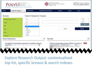 Explore Research Output: contextualised
top list, specific browse & search indexes
 