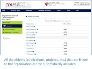 All the objects (publications, projects, etc.) that are linked
to the organization can be automatically included
 