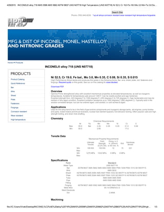 4/29/2015 INCONEL® alloy 718 AMS 5596 AMS 5662 ASTM B637 UNS N07718 High Temperature (UNS N07718) Ni 52.5, Cr 19.0 Fe 18.5 Mo 3.0 Nb+Ta 3.6 De…
file:///C:/Users/Vivek/Desktop/INCONEL%C2%AE%20alloy%20718%20AMS%205596%20AMS%205662%20ASTM%20B637%20UNS%20N07718%20High… 1/3
Search Site
Phone: (765) 945­8230    ^up all alloys corrosion resistant wear resistant high temperature forgeable
Home   Products
Product Catalog
Quick Reference
Bar
Wire
Sheet
Plate
Fasteners
Forgings
Corrosion resistant
Wear resistant
High temperature
Ni 52.5, Cr 19.0, Fe bal., Mo 3.0, Mn 0.35, C 0.08, Si 0.35, S 0.015
High Performance Alloys stocks and produces this grade in the following forms: Bar, wire, sheet, plate, coil, fasteners and
forgings. Request quote on this grade. See our on­line catalog for sizes stocked
 
Download PDF
 
Overview
Gamma Prime strengthened alloy with excellent mechanical properties at elevated temperatures, as well as cryogenic
temperatures. Suitable for temperatures upto around 1300 F. Can be readily worked and age hardened.
Excellent strength from ­423 degrees F to 1300 degrees F (­253 degrees C to 705 degrees C). Age hardenable and may be
welded in fully aged condition, Excellent oxidation resistance up to 1800 degrees F (980 degrees C). Typically sold in the
solution annealed temper, but can be ordered aged, cold worked, or cold worked & aged.
Applications
Uses for this alloy tend to be in the field of gas turbine components and cryogenic storage tanks. Jet engines, pump bodies
and parts, rocket motors and thrust reversers, nuclear fuel element spacers, hot extrusion tooling. Other popular uses are high
strength bolting, and down hole shafting. 
Chemistry
Chemical Requirements
Ni Fe Mo Mn Si Cr C
Max 55.0 Bal 3.30 0.35 0.35 21.0 0.08
Min 50.0 2.80 17.0
 
Tensile Data
Mechanical Property Requirements
Ultimate
Tensile
Yield
Strength
(0.2% OS)
Elong. in 2
in. (50mm)
or 4D min, %
R/A
Hardness
Brinell
Min 185 KSi 150 KSi 12 15 331
Max
Min 1275 MPa 1034 MPa 6 MPa 8 MPa
Max
Specifications
Form Standard
Metal Type UNS N07718
Bar ASTM B637 AMS 5662 AMS 5663 AMS 5664 PWA 1009 PWA 1010 GE B50TF15
Wire AMS 5832
Sheet ASTM B670 AMS 5596 AMS 5597 PWA 1033 GE B50TF14 ASTM B670 ASTM B637
Plate ASTM B670 AMS 5596 AMS 5597 PWA 1033 GE B50TF15 ASTM B670 ASTM B637
Tube AMS 5589 AMS 5590
Pipe AMS 5589 AMS 5590
Fitting  
Forging ASTM B637 AMS 5562 AMS 5663 AMS 5664 PWA 1009 PWA 1010 GE B50TF15
Weld Wire A5.14 ERNiFeCr­2
Weld Electrode  
Din 2.4668
 
Machining
INCONEL® alloy 718 (UNS N07718)
 