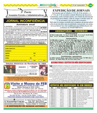 8Nº 232 - Outubro/2016 16
Informamos que as edições nº 232, de 31 de outubro e a
nº 233, de 27 de novembro (edição Histórica da Intentona
Comunista), serão enviadas juntas, em virtude da antecipação
da postagem desta última, a fim de chegar a destino antes de
27 de novembro e por motivo de economia.
Mais uma vez estamos enviando dois exemplares da mesma edição
a fim de que um deles seja encaminhado a um parente, um amigo,
um (a) professor (a), com o pedido para que também façam uma
assinatura do INCONFIDÊNCIA.
JORNAL INCONFIDÊNCIA
3ª Parte
Assuntos Gerais e Administrativos
Estas revistas podem serem encontradas nos seguintes locais:
11111 - Banca de Jornais na Av. Olegário Maciel, 1741, em frente ao Hotel Platinum, em Belo Horizonte/MG
22222 - Martins Livreiro - Rua Riachuelo, 1291 Centro - Porto Alegre/RS - 33333 - jornal@jornalinconfidencia.com.br
Assinatura anual
A. VIA POSTAL - Recortar (ou xerocar) e preencher o cupom abaixo, anexando
cheque bancário nominal e cruzado ou cheque dos correios, no valor de R$ 150,00,
em favor do Jornal Inconfidência e remetê-los para para Rua Xingu, 497 - Alto Santa
Lúcia – CEP 30360-690 – Belo Horizonte – MG - Não enviar dinheiro.
B.VIABANCÁRIA-Depositarou transferirparaoBancodoBrasilovalordeR$150,00
– agência 2655-7 - c/c 28172-7 e por e-mail, enviar o quadro preenchido e o
comprovante do pagamento para jornal@jornalinconfidencia.com.br, e ainda o
cupom citado e o xerox do pagamento para Rua Xingu, 497 - Alto Santa Lúcia
- CEP 30360-690 - Belo Horizonte - MG.
C. Valores superiores serão muito bem recebidos.
D.Informações-e-mail:jornal@jornalinconfidencia.com.br.Fone:(31)3344-1500
E. Renovação da Assinatura – a cargo do interessado (idem providências acima).
ATENÇÃO: Verifique no canto inferior direito da etiqueta de
endereçamento postal, o mês/ano do vencimento. E RENOVE!!!E RENOVE!!!E RENOVE!!!E RENOVE!!!E RENOVE!!!
PROFISSÃO/POSTO/ GRADUAÇÃO:
NOMECOMPLETO:
ENDEREÇO:
BAIRRO: CEP:
CIDADE: UF:
E-MAIL: TEL:
Autorizo a publicação do meu nome SIM NÃO
ASSINATURAS RECEBIDASASSINATURAS RECEBIDASASSINATURAS RECEBIDASASSINATURAS RECEBIDASASSINATURAS RECEBIDAS
Visite o Museu da FEBAberto ao público de 2ª a 6ª feira de 13:00 / 17:00 h.
Sábado / Domingo de 10:00 / 13:00 h.
Belo Horizonte - Av. Francisco Sales, 199 - Floresta
Agendamos visitas e palestras somente no Museu. Tel. (31) 3224-9891
Valor do ingresso: R$ 10,00/R$ 5,00 (por pessoa)
Av. Barão Homem de Melo, nº 4.500
Conj. 1501 - Bairro Estoril
Cep: 30450-250 - Belo Horizonte/MG
Telefone (PABX): 31 2516-6380
À DISPOSIÇÃO DE NOSSOS LEITORES
Juiz de Fora - Rua Hoyan, 40 - Centro
São João Del Rei - Área do Círculo Militar - Centro
PRESTIGIE NOSSOS VETERANOS COM A SUA VISITA
www.anvfeb.com.br
O CRUZEIRO
EXTRA
Aofazerourenovarasuaassinatura,
sedesejarreceberviapostal,um
Edições Históricas da Revolução de 1964
MANCHETE
exemplar destas revistas, envie mais R$ 20,00,
por cada uma delas.
11/12/15 300077 R$ 1.000,00 Andaraí/RJ
21/01/16 700271 R$ 150,00 Agência Tamóios/BH
26/01/16 000213 R$ 200,00 Agência Tamóios/BH
11/02/16 614399 R$ 150,00 Centro - São Paulo/SP
18/02/16 262019 R$ 150,00 Ag. Rio de Janeiro/BH
24/02/16 759106 R$ 150,00 Porto Alegre/Centro
12/04/16 321505 R$ 230,00 Wilson Gonçalves - BH/MG
13/04/16 800187 R$ 200,00 Juiz de Fora/MG
16/05/16 407505 R$ 150,00 ??????????
04/07/16 688201 R$ 150,00 Rio de Janeiro/RJ
08/09/16 401729 R$ 100,00 João Pessoa/PB
19/10/16 000002 R$ 200,00 ??????????
21/10/16 900074 R$ 150,50 ??????????
Data Nº Doc. Banco Brasil Valor Local do Depósito/Identificação
DEPÓSITOS NÃO IDENTIFICADOS OU SEM ENDEREÇO
Mensalmente publicamos a listagem com o nome daqueles que depositaram valores corres-
pondentes à assinaturas (e contribuições espontâneas) do nosso jornal, no Banco do Brasil.
Muitas vezes, esses assinantes deixam de enviar o cupom de assinatura e/ou o com-
provante de pagamento, impedindo o seu cadastramento, a publicação do nome (quando au-
torizado) e a remessa do jornal.
No extrato bancário, só constam os nomes daqueles que fizeram a transferência entre
contas (online, agendada ou da poupança), por serem correntistas do Banco do Brasil. Mesmo
assim alguns nomes são digitados abreviados ou incompletos, impedindo a sua identificação.
Os outros depósitos online (em cheque ou dinheiro) efetuados por quem não é correntista do
banco do Brasil, não são identificados no extrato, nem informado o nome do autor.
Em conseqüência, apresentamos abaixo, a relação dos depósitos não identificados, a fim
de que possam ser cadastrados, se os respectivos depositantes enviarem o cupom e o com-
provante de pagamento. Lembramos que a data (mês/ano) de vencimento da assinatura
é encontrada no canto inferior direito da etiqueta de endereçamento postal.
ASSINATURASEDEPÓSITOSNÃOIDENTIFICADOS
EXPEDIÇÃO DE JORNAIS
Setembro/2016
Adv Maria de Lourdes Lucchin -Adv Maria de Lourdes Lucchin -Adv Maria de Lourdes Lucchin -Adv Maria de Lourdes Lucchin -Adv Maria de Lourdes Lucchin - Porto Alegre/RS, Cel Max Blaschke -Cel Max Blaschke -Cel Max Blaschke -Cel Max Blaschke -Cel Max Blaschke - Rio de Janeiro/RJ, Cap Oto FerreiraCap Oto FerreiraCap Oto FerreiraCap Oto FerreiraCap Oto Ferreira
Alvares -Alvares -Alvares -Alvares -Alvares - Brasília/DF, Adm Raphael de Oliveira Rodrigues de Paula -Adm Raphael de Oliveira Rodrigues de Paula -Adm Raphael de Oliveira Rodrigues de Paula -Adm Raphael de Oliveira Rodrigues de Paula -Adm Raphael de Oliveira Rodrigues de Paula - São Paulo/SP
Outubro/2016
TCel PMMG Adilson A. Bracarense -TCel PMMG Adilson A. Bracarense -TCel PMMG Adilson A. Bracarense -TCel PMMG Adilson A. Bracarense -TCel PMMG Adilson A. Bracarense - Uberaba/MG, Pension Ângela Maria Santos Duarte -Pension Ângela Maria Santos Duarte -Pension Ângela Maria Santos Duarte -Pension Ângela Maria Santos Duarte -Pension Ângela Maria Santos Duarte - Pouso Alegre/
MG, Func Pub Arno Norbert -Func Pub Arno Norbert -Func Pub Arno Norbert -Func Pub Arno Norbert -Func Pub Arno Norbert - Santa Maria/RS, Ten Artur Wilson Stinghen -Ten Artur Wilson Stinghen -Ten Artur Wilson Stinghen -Ten Artur Wilson Stinghen -Ten Artur Wilson Stinghen - Curitiba/PR, Médico CelsoMédico CelsoMédico CelsoMédico CelsoMédico Celso
Angelucci -Angelucci -Angelucci -Angelucci -Angelucci - São Paulo/SP, Gen Ex Délio de Assis Monteiro -Gen Ex Délio de Assis Monteiro -Gen Ex Délio de Assis Monteiro -Gen Ex Délio de Assis Monteiro -Gen Ex Délio de Assis Monteiro - Belo Horizonte/MG, Adv Edelberto AugustoAdv Edelberto AugustoAdv Edelberto AugustoAdv Edelberto AugustoAdv Edelberto Augusto
Gomes Lima -Gomes Lima -Gomes Lima -Gomes Lima -Gomes Lima - Belo Horizonte/MG, Prof Edivelton Tadeu Mendes -Prof Edivelton Tadeu Mendes -Prof Edivelton Tadeu Mendes -Prof Edivelton Tadeu Mendes -Prof Edivelton Tadeu Mendes - São Paulo/SP, Cel Av Fernando HippolytoCel Av Fernando HippolytoCel Av Fernando HippolytoCel Av Fernando HippolytoCel Av Fernando Hippolyto
da Costa -da Costa -da Costa -da Costa -da Costa - Natal/RN, Pension Francisca Maia de Oliveira -Pension Francisca Maia de Oliveira -Pension Francisca Maia de Oliveira -Pension Francisca Maia de Oliveira -Pension Francisca Maia de Oliveira - Rio de Janeiro/RJ, Adv Gerson Antnio FonsecaAdv Gerson Antnio FonsecaAdv Gerson Antnio FonsecaAdv Gerson Antnio FonsecaAdv Gerson Antnio Fonseca
----- Rio de Janeiro/RJ, Magistrado Isalino Romualdo Lisbôa -Magistrado Isalino Romualdo Lisbôa -Magistrado Isalino Romualdo Lisbôa -Magistrado Isalino Romualdo Lisbôa -Magistrado Isalino Romualdo Lisbôa - Belo Horizonte/MG, Empresário Joaquim GomesEmpresário Joaquim GomesEmpresário Joaquim GomesEmpresário Joaquim GomesEmpresário Joaquim Gomes
de Faria -de Faria -de Faria -de Faria -de Faria - Juiz de Fora/MG, Adv Joaquim Mendes Filho -Adv Joaquim Mendes Filho -Adv Joaquim Mendes Filho -Adv Joaquim Mendes Filho -Adv Joaquim Mendes Filho - Matipó/MG, Cel Joel de Carvalho Nascimento -Cel Joel de Carvalho Nascimento -Cel Joel de Carvalho Nascimento -Cel Joel de Carvalho Nascimento -Cel Joel de Carvalho Nascimento -
Rio de Janeiro/RJ, Empresário Jordão José C. de Mattos -Empresário Jordão José C. de Mattos -Empresário Jordão José C. de Mattos -Empresário Jordão José C. de Mattos -Empresário Jordão José C. de Mattos - Belo Horizonte/MG, José Conceição Silveira -José Conceição Silveira -José Conceição Silveira -José Conceição Silveira -José Conceição Silveira -
Curitiba/MG, Engº José Eduardo Starling Soares -Engº José Eduardo Starling Soares -Engº José Eduardo Starling Soares -Engº José Eduardo Starling Soares -Engº José Eduardo Starling Soares - Belo Horizonte/MG, Gen Bda José Vilhena BittencourtGen Bda José Vilhena BittencourtGen Bda José Vilhena BittencourtGen Bda José Vilhena BittencourtGen Bda José Vilhena Bittencourt
----- Brasília/DF, Adv Maurício Azevedo Moraes -Adv Maurício Azevedo Moraes -Adv Maurício Azevedo Moraes -Adv Maurício Azevedo Moraes -Adv Maurício Azevedo Moraes - Porto Alegre/RS, Magistrado Roberto Ladeira -Magistrado Roberto Ladeira -Magistrado Roberto Ladeira -Magistrado Roberto Ladeira -Magistrado Roberto Ladeira - Belo Horizonte/
MG, Capitão Vicente Puchalski -Capitão Vicente Puchalski -Capitão Vicente Puchalski -Capitão Vicente Puchalski -Capitão Vicente Puchalski - Curitiba/PR, Cel PMMG Wanderson Soares dos Santos -Cel PMMG Wanderson Soares dos Santos -Cel PMMG Wanderson Soares dos Santos -Cel PMMG Wanderson Soares dos Santos -Cel PMMG Wanderson Soares dos Santos - Belo Horizonte/
MG, Cel Wilson Tatton Ramos -Cel Wilson Tatton Ramos -Cel Wilson Tatton Ramos -Cel Wilson Tatton Ramos -Cel Wilson Tatton Ramos - Juiz de Fora/MG, Radialista Zair A. CançRadialista Zair A. CançRadialista Zair A. CançRadialista Zair A. CançRadialista Zair A. Cançado - Rio de Janeiro/RJ e mais um civil.
Contribuições espontâneas
Cel Adalberto Guimarães Menezes, Econom Antonio Carlos Portinari Greggio, TCel PMMG Adilson A.Cel Adalberto Guimarães Menezes, Econom Antonio Carlos Portinari Greggio, TCel PMMG Adilson A.Cel Adalberto Guimarães Menezes, Econom Antonio Carlos Portinari Greggio, TCel PMMG Adilson A.Cel Adalberto Guimarães Menezes, Econom Antonio Carlos Portinari Greggio, TCel PMMG Adilson A.Cel Adalberto Guimarães Menezes, Econom Antonio Carlos Portinari Greggio, TCel PMMG Adilson A.
Bracarense, Adv Joaquim Mendes Filho, Adv Gerson Antônio FonsecaBracarense, Adv Joaquim Mendes Filho, Adv Gerson Antônio FonsecaBracarense, Adv Joaquim Mendes Filho, Adv Gerson Antônio FonsecaBracarense, Adv Joaquim Mendes Filho, Adv Gerson Antônio FonsecaBracarense, Adv Joaquim Mendes Filho, Adv Gerson Antônio Fonseca
 