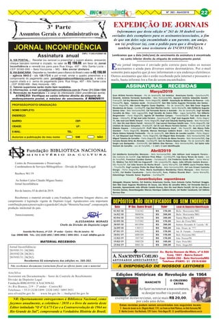 8Nº 263 - Abril/2019 22
JORNAL INCONFIDÊNCIA
3ª Parte
Assuntos Gerais e Administrativos
Assinatura anual
A. VIA POSTAL - Recortar (ou xerocar) e preencher o cupom abaixo, anexando
cheque bancário nominal e cruzado, no valor de R$ 150,00, em favor do Jornal
Inconfidência e remetê-los para para Rua Xingu, 497 - Alto Santa Lúcia –
CEP 30360-690 – Belo Horizonte – MG - Não enviar dinheiro.
B. VIA BANCÁRIA - Depositar ou transferir para o Banco do Brasil o valor de R$150,00
– agência 0643-2 - c/c 128.172-0 e por e-mail, enviar o quadro preenchido e o
comprovante do pagamento para jornal@jornalinconfidencia.com.br, e ainda o
cupom citado e o xerox do pagamento para Rua Xingu, 497 - Alto Santa Lúcia
- CEP 30360-690 - Belo Horizonte - MG.
C. Valores superiores serão muito bem recebidos.
D. Informações - e-mail: jornal@jornalinconfidencia.com.br. Fone: (31) 3344-1500
E. Renovação da Assinatura – a cargo do interessado (idem providências acima).
ATENÇÃO: Verifique no canto inferior direito da etiqueta de
endereçamento postal, o mês/ano do vencimento. E RENOVE!!!E RENOVE!!!E RENOVE!!!E RENOVE!!!E RENOVE!!!
PROFISSÃO/POSTO/ GRADUAÇÃO:
NOMECOMPLETO:
ENDEREÇO:
BAIRRO: CEP:
CIDADE: UF:
E-MAIL: TEL:
Autorizo a publicação do meu nome SIM NÃO
ASSINAASSINAASSINAASSINAASSINATURAS RECEBIDASTURAS RECEBIDASTURAS RECEBIDASTURAS RECEBIDASTURAS RECEBIDAS
01/02/18 316342 R$ 150,00 Belo Horizonte/MG
16/02/18 900056 R$ 300,00 Belo Horizonte/MG
03/04/18 588298 R$ 200,00 Santa Maria/RS
03/05/18 515382 R$ 150,00 Juiz de Fora/MG
30/05/18 601894 R$ 300,00 Rubens Alexandre B. Luciola / RJ
26/09/18 130313 R$ 500,00 João Álvaro de ????
07/01/19 046203 R$ 150,00 Jair B. Furtado - Fortaleza/CE
10/01/19 600104 R$ 150,00 Belo Horizonte/MG
12/03/19 103745 R$ 150,00 João Pessoa/PB
19/03/19 500328 R$ 100,00 Ouro Preto/MG
25/04/19 800136 R$ 200,00 Porto Alegre/RS
Data Nº Doc. Banco Brasil Valor Local do Depósito/Identificação
DEPÓSITOS NÃO IDENTIFICADOS OU SEM ENDEREÇO
Março/2019
Lembramos que a data (mês/ano) de vencimento da assinatura é encontrada
no canto inferior direito da etiqueta de endereçamento postal.
CNPJ: 11.843.412/0001-00
EXPEDIÇÃO DE JORNAIS
Informamos que desta edição nº 263 de 30 deabril serão
enviados dois exemplares para os assinantes/associados, a fim
de que um deles seja encaminhado a um parente, um amigo,
um (a) professor (a), com o pedido para que o divulguem e
também façam uma assinatura do INCONFIDÊNCIA.
Este jornal impresso é enviado pelo correio para todos os nossos
assinantes e ainda para diversos outros destinatários. Por e-mail
somente para aqueles que já nos informaram o seu endereço eletrônico.
Outros assinantes que não o estão recebendo pela internet e possuem e-
mails, basta informá-los a fim de serem encamihados.
Constribuições espontâneas
Econ Afrânio Ferreira Bressan - Rio de Janeiro/RJ, Cel Américo Americano Corrêa - Garanhuns/PE,
Desemb. Antônio Fernando Guimarães - Belo Horizonte/MG, Aposent Antônio Sebastião Zanetti -
Franca/SP, Cel Ary Moreira Pinto - Porto Alegre/RS, ASMIR - Associação de Militares da Reserva - João
Pessoa/PB, Apos. Caetano Jacob - Brodowiski/SP, Gen Bda Carlos Augusto Fernandes dos Santos -
Porto Alegre/RS, Adv Carlos Rogério Couto Baptista - Rio de Janeiro/RJ, Gen Bda Cesar Augusto
Nicodemus de Souza - Curitiba/PR, Cap Davi Martins Corrêa - Santa Maria/RS, Adv Edelberto Augusto
Gomes Lima - Belo Horizonte/MG, Cel Fernando Barros e Azevedo - Rio de Janeiro/RJ, Engº Geraldo
Carvalho da Silva - Sete Lagoas/MG, Engº Geraldo de Castro Filho - Lagoa Santa/MG, Ten Gilberto
Bergenmaier - Porto Alegre/RS, Agente DF Hamilton Campos - Tremembé/SP, Tcel José Bastos de
Souza - Vitória/ES, 3º Sgt José Leite Ferreira - Garanhuns/PE, Engº José Augusto Roth - Porto Alegre/
RS, Adv José Levi Mello Amaral - Porto Alegre/RS, Engº José Eduardo Starling Soares - Belo Horizonte/
MG, Gen Div José Mario Facioli - Batatais/SP, Cap Laureci Henrique Sotello Lara - Porto Alegre/RS, Cel
Linelson de Souza Gonçalves - Brasília/DF, Cel Av Luis Mauro Ferreira Gomes - Rio de Janeiro/RJ, Cel
Makoto Kayano - Indianópolis/SP, Profº Mara Montezuma Assaf - São Paulo/SP, Adv Marco Pollo
Giordani - Porto Alegre/RS, Desemb. Marcos Henrique Caldeira Brant - Belo Horizonte/MG, Pens
Maria Helena Holanda Fontenelle - Rio de Janeiro/RJ, Adv Maria de Lourdes Lucchin - Porto Alegre/
RS, Cel Maynard José Pereira - Porto Alegre/RS, Cel Miguel Neto Armando - Belo Horizonte/MG, Cel
Miguel Teixeira de Carvalho - Porto Alegre/RS, Cel Orcine de Abreu Ferreira - Belo Horizonte/MG, Cap
Corveta Renato Brito de Almeida - Curitiba/PR, Gen Ex Rubens Bayma Denys - Rio de Janeiro/RJ, Adv
Sergio Luiz Baciquetto - Erechim/RS, Cel Sidônio Dias Barroso - Belo Horizonte/MG, Cel Sylvio Julio
Homem de Carvalho - Juiz de Fora/MG, + 1 civil e 2 sem identificação
Advogado Alcyone Samico, Cel Américo Americano Corrêa, Econ Antonio Carlos Portinari Greggio,
Gen Bda Cesar Augsuto Nicodemus de Souza, Juiz Décio de carvalho Mitre, Cel Fernando Barros e
Azevedo, Aposentando João Alfredo Castelo Branco, Gen Div José Mario Faciolli, Cel Av Luis Mauro
Ferreira Gomes, Desembargador Marcos Henrique Caldeira Brant, Cel Nodier Cavalcanti, Cel Sidônio
Barroso Dias
Centro de Processamento e Preservação
Coordenadoria de Serviços Bibliográficos – Divisão de Depósito Legal
Recibon.961/19
Ao Senhor Carlos Cláudio Miguez Suarez
Jornal Inconfidência
Rio de Janeiro, 03 de abril de 2019.
Recebemos o material enviado a esta Fundação, conforme listagem abaixo, em
cumprimento à legislação vigente de Depósito Legal. Agradecemos esta importante
contribuiçãoparaapreservaçãoeaguardadaColeção“MemóriaNacional”,compostapela
produção intelectual do país.
Atenciosamente,
ALESSANDRA MORAES
Chefe da Divisão de Depósito Legal
Avenida Rio Branco, nº 219 - 3º andar - Centro - Rio de Janeiro - RJ
Cep: 20040-008. Tels.: (21) 2220-1892 / 3095-3950 / 3095-3951 - E-mail: ddl@bn.gov.br
MATERIAL RECEBIDO:
Jornal Inconfidência:
2019/01/31: 24(260)
2019/02/28: 24(261)
2019/03/31: 24(262)
Recebemos 02 exemplares das edições ns. 260-262.
Não recebemos documento (carta/nota fiscal ou ofício) junto com o material.
Aira Silva
Assistente em Documentação - Setor de Controle de Recebimento
Divisão de Depósito Legal
Fundação BIBLIOTECA NACIONAL
Av.Rio Branco, 219 – 3º andar – Centro/RJ
Telefones: + 55 21 2220 1899 / 2220 1892 / 3095 3951
aira.silva@bn.gov.br www.bn.gov.br ::: bndigital.bn.gov.br
NR: Oportunamente entregaremos à Biblioteca Nacional, como
fazemos anualmente, a coletânea / 2018 e o livro da autoria deste
Editor intitulado “O 4º GA75 Cav e a Contrarrevolução de 1964 no
Rio Grande do Sul”, comprovando a Verdadeira História do Brasil.
Abril/2019
Estas revistas podem serem encontradas nos seguintes locais:
1 - Banca de Jornais na Av. Olegário Maciel, 1741, em frente ao Hotel Platinum, em Belo Horizonte/MG
2 - Martins Livreiro - Rua Riachuelo, 1291 Centro - Porto Alegre/RS - 3 - jornal@jornalinconfidencia.com.br
Av. Barão Homem de Melo, nº 4.500
Conj. 1501 - Bairro Estoril
Cep: 30450-250 - Belo Horizonte/MG
Telefone (PABX): 31 2516-6380
À DISPOSIÇÃO DE NOSSOS LEITORES
O CRUZEIRO
EXTRA
Ao fazer ou renovar a sua assinatura,
se desejar receber via postal, um
Edições Históricas da Revolução de 1964
MANCHETE
exemplar destas revistas, envie mais R$ 20,00,
por cada uma delas.
Cel Adalberto Guimarães Menezes - Belo Horizonte/MG, Adv Adilson José Joaquim Pereira -
São Caetano do Sul/SP, Cap Adriano Pires Ribas - Curitiba/PR, Cap Darcy Neves da Costa - Juiz
de Fora/MG, Francisco Cesideo Gomes - Fortaleza/CE, Cel Frederico Guido Bieri - Santa Maria/
RS, Médico Ten R/2 FAB Ivo Engueroff - São Leopoldo/RS, Apos. João Alfredo Castelo Branco -
São Paulo/SP, Cel João Severo da Rocha Brasil - Santa Maria/RS, Cel BMRS Lauro Prestes Neto
- Triunfo/RS, Engº Luciano Pinho De Biasi Rocha - Belo Horizonte/MG, Cel Luiz Ernani Caminha
Giorgis - Porto Alegre/RS, Pens. Maria Auxiliadora Wanderley Vieira Marques - Belo Horizon-
te/MG, Cel Nodier Cavalcante - Santa Maria/RS, Func. Público Ricardo Bieri - Santa Maria/RS,
Odontólogo Yolando Kaiser Baptista - Curitiba/PR
 