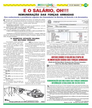 8Nº 227 - Maio/2016 28
Possivelmente, vivemos um dos mais
severos “arrochos salariais” desde 1910.
O assunto já foi levado ao conheci-
mento das mais altas autoridades, em dife-
rentes oportunidades.
Noentanto, partirdefevereirode2004,
vem assumindo uma configuração perver-
sa, sem que seja empreendida nenhuma
medida realmente eficaz para se contrapor
a esse estado degradante que atinge a to-
dos Militares das Forças Armadas.
•Emfevereirode2004,aremuneração
média per capita dos militares correspondia,
naquele mês, a 110% do valor da remunera-
ção média da Administração Direta – cate-
goria com a pior remuneração em todo o
serviço público federal - e passou a equiva-
ler, no final de 2015, a 69,00% desse valor;
• Se compararmos às outras catego-
rias de servidor público federal, a situação
é mais precária ainda.
A remuneração média dos militares
federais equivalia, em janeiro de 2016, a:
- 29,78% a dos Servidores do Banco
Central;
- 30,27% a dos Servidores do Legis-
lativo;
- 31, 22% a dos Servidores do Judi-
ciário;
- 37,73% a dos Servidores do Minis-
tério Público Federal.
Os indicadores desse descalabro po-
dem ser percebidos, também, sob outras
perspectivas:
E O SALÁRIO, OH!!!
REMUNERAÇÃO DAS FORÇAS ARMADASREMUNERAÇÃO DAS FORÇAS ARMADASREMUNERAÇÃO DAS FORÇAS ARMADASREMUNERAÇÃO DAS FORÇAS ARMADASREMUNERAÇÃO DAS FORÇAS ARMADAS
Para conhecimento e providências urgentes dos Comandantes da Marinha, do Exército e da Aeronáutica.
Emílio Gastão Medina35 6139185
03/16
251.487.895-69 001 2658-2 14071-7
2.949,00
353.88
471,84
0,16
43,22
113,24
283,10
96,17
SOLDO
ADIC HAB
ADIC MIL
SALÁRIO FAMÍLIA
FUSEX DESP MED
FUSEX 3%
P MIL 7,5%
IMPOSTO RENDA
3.774,88 534,64
R
R
R
R
D
D
D
D
A452636B5C 3.240.24
0316
03/16
Eis o contra-cheque de um 3º sargento temporário com 4 anos de serviço que já está
entrando no cheque especial e empréstimo consignado por estar pagando aluguel (onde
está o antigo auxílio-moradia?). Recebe pouco mais de R$ 3 mil, enquanto o vencimento
inicial de um soldado PM é R$ 4.098. O salário família de R$ 0,16 é simplesmente ridículo.
A última correção nos soldos data de abril/2015. Já se passou mais de um ano com
inflação de quase 11% a.a. reconhecida pela governo, mas que na nossa opinião deve ser
superior a 15%, haja vista o aumento de preços, principalmente na alimentação, mensali-
dades escolares, transportes e remédios. A próxima será de 5,5% a partir de agosto, menos
da metade da inflação! Uma vergonha para os integrantes das Forças Armadas.
Chefe do Estado-Maior Conjunto das Forças Armadas –
Exmº Sr. Alte Esq. Ademir Sobrinho
Desculpe pela propaganda não intencional, mas não poderia deixar de confirmar, por escrito
e por foto, um dos argumentos que tenho levado a consideração de todos, qual seja: a
injustiça, falta de consideração e de respeito quanto à fixação do Valor da ETAPA dos Militares
ainda hoje em R$7,70 / Dia / Militar! Veja não só o custo promocional do “sandwich” abaixo
e de seus acessórios (lata de refrigerante e uma porção de batatas fritas) que chega a custar
R$35,00 / unidade!!!! Chega a ser um “deboche e um escarnio”! Isso para não falar do Salário
Família que é de R$0,16 por Militar / Dependente / Mês!!!!! Enquanto isso, há setor do Exe-
cutivo que gastou por ano com refeição a bordo do Avião Presidencial cerca de R$2 milhões
/anoeemsua(s)residência(s)cercadeR$16milhões/ano. Dariaparaalimentar,mal,éverdade,
aproximadamente 16.000.000,00 / 7,70 = +/- 2.077.000 Militares / Ano. Respeitosamente,
José Carlos Lusitano - Contra – Almirante (REF)
ARTIGO SOBRE O VALOR DA ETAPA DE
ALIMENTAÇÃO DIÁRIA DAS FORÇAS ARMADAS
AsituaçãodoPL4255/2015,de31/12/2015,doPoderExecutivo,queconcedeaosmilitaresfede-
rais um reajuste remuneratório de 5,5% a contar de 31 de agosto próximo, está, na Comissão
de Relações Exteriores e Defesa Nacional -CREDN, da Câmara Federal, em permeio a mais de 200
projetos sobre uma infinidade de assuntos, na seguinte situação (vejam abaixo):
Nota: logo na primeira semana de janeiro de 2016, em pleno recesso parlamentar, o
PL foi numerado, e o Presidente da Câmara, Eduardo Cunha, ao determinar, de acordo com
o Regimento Interno, o seu trâmite inicial pela CREDN, classificou-o de prioritário.
De lá para cá já decorreram praticamente cinco meses, e ainda não foi designado o
relator.
Esse descaso, essa desconsideração para com os militares, diz muito claramente qual
é a importância atribuída às FFAA.
Mas daqui a dois meses, serão esses mesmos parlamentares que estarão depositando
nas FFAA a responsabilidade pela garantia da segurança das Olimpíadas.
Coronel Av Lúcio Wandeck
- Membro da CIM - Comissão Interclubes Militares -
REMUNERAÇÃO DOS MILITARES DAS FORÇAS ARMADAS
- INFORMAÇÃO ATUALIZADA EM 25/05/2016
Continuamos recebendo farta documentação pela internet, com pedidos para repassar,
versando sobre a remuneração defasada dos vencimentos dos integrantes das Forças
Armadas. Em nossa edição de nº 223 de 31 de janeiro, apresentamos a pedido de nossos lei-
tores, a realidade vivida pelos militares, causando grande repercussão.
Relembremos os principais assuntos:
TRABALHO ESCRAVO – soldado recruta recebe um soldo de R$ 642 e um cabo
não engajado R$ 702!!! (bem menos do que um salátio minímo)
De JANEIRO/2005 a JANEIRO/2016 – o salário mínimo subiu 240% e o
soldo (em SM) regrediu 31%!!! Acredite se quiser!
TABELA DO IMPOSTO DE RENDA ACUMULA DEFASAGEM DE 72%
Atualmente circula ininterruptamente na internet, o "tratado" abaixo de
autoria do General de Divisão Synésio Scofano Fernandes, datado de 20 de
maio, do qual extraímos:
"A DRAMÁTICA SITUAÇÃO SALARIAL"A DRAMÁTICA SITUAÇÃO SALARIAL"A DRAMÁTICA SITUAÇÃO SALARIAL"A DRAMÁTICA SITUAÇÃO SALARIAL"A DRAMÁTICA SITUAÇÃO SALARIAL
DOS MILITARES FEDERAIS"DOS MILITARES FEDERAIS"DOS MILITARES FEDERAIS"DOS MILITARES FEDERAIS"DOS MILITARES FEDERAIS"
- 55% dos Primeiros Sargentos do
Exército (militar com mais de quinze anos de
serviço) têm uma remuneração média líqui-
da inferior a R$ 3.580,00;
• A remuneração bruta de um Coronel
(militar com 25 anos de serviços e com todos
os cursos que a carreira impõe ) é inferior a
de um Oficial de Inteligência da ABIN de
Segunda Classe;
• Um General-de-Divisão percebe
menos que um Técnico em Polícia Criminal
Civil dos Ex-Territórios de Rondônia e
Roraima;
O soldado brasileiro não pode parti-
cipar do saneamento do lamaçal.
É impensável alterar os princípios
da paridade e da integralidade, as regras
de transição (que estão em trânsito), as con-
dições para a concessão de pensões, dolo-
rosamente impostas aos militares e que
não podem agora serem amputadas para
produzir os meios financeiros necessári-
os a alimentar (a víbora que ainda respira)
ou remendar os efeitos de ações crimino-
sas.
A Família Militar está se endividan-
do, mensalmente, para atender às suas ne-
cessidades básicas, às despesas com a
educação de seus filhos e aos remédios.
Nada mais há para ceder.
As conseqüências dessas decisões
devem ser avaliadas, solitariamente, pelos
responsáveis pelo ato de decidir.
Charge publicada em 2005, permanece atual
28
 