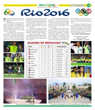 Nº 231 - Setembro/2016 15
Selecionamos alguns assuntos sobre a
Olimpíada que julgamos merecedores
de comentários.
Apesar da beleza e do sucesso da ce-
rimônia da Abertura, reconhecida pela im-
prensa internacional, foi considerada por
alguns jornalistas uma aula de marxismo
cultural, destacando-se as favelas e a mão
esquerda cerrada, símbolo do movimento
comunista internacional.
A execução do Hino Nacional foi a
grande falha (e também no encerramento) e
um desacato, aos verdadeiros patriotas bra-
sileiro. Foi executado pelo cantor Paulinho
da Viola no violão! e só a primeira parte,
quando deveria sê-lo pela Banda Musical
Militares fazem hasteamento da Bandeira
QUADRO DE MEDALHAS
321.968.000 3º
64.800.000 22º
1.372.470.000 1º
146.600.000 9º
81.200.000 16º
126.832.000 10º
67.087.000 20º
51.482.000 26º
61.725.000 23º
23.920.000 55º
16.923.000 65º
9.950.000 88º
206.000.000 5º
População
Condução da Tocha Olímpica na AMAN (Academia Militar das Agulhas Negras)
dos Fuzileiros Navais, Orquestra Sinfô-
nica Brasileira ou até pelo Coral Lírico da
OSESP - Orquestra Sinfônica de São Pau-
lo, para que todos os espectadores se le-
vantassem e cantassem respeitosa e vibran-
temente as duas partes. Temos certeza que
isso aconteceria.
Na abertura, o hasteamento da Ban-
deira Nacional pelos militares do Exército
não foi apresentado pela PTV Globo, como
também a condução da Tocha Olímpica.
Quanto aos resultados, os conside-
ramos decepcionantes, não sendo pior gra-
ças aos atletas das Forças Armadas (145 mi-
litares em 465 participantes, representando
31% do efetivo).
Foram conquistadas somente 19 me-
dalhas (7 + 6 + 6), duas a mais do que em
Londres/2012 e bem abaixo do projetado
(27). Como podem outros países com po-
pulação com menos da metade e até 10%
da nossa, obterem mais medalhas? (Ver
quadro abaixo).
Os Estados Unidos, sempre com os
melhores resultados, não possuem Minis-
tério de Esporte. E o nosso existe para apa-
relhar petistas, incompetentes e corruptos?
Felizmente foi criado o Programa "Atletas
de Alto Rendimento", conveniado com as
Forças Armadas, que participaram em 26
das 42 modalidades e se destacaram não
somente pelos bons resultados (até um re-
corde olímpico no salto com vara e no vô-
lei), mas também pela execução da con-
tinência, como um sinal de respeito ao
Brasil.
Finalizando, a Medalha de Ouro vai
para o Rio de Janeiro, a primeira cidade da
América do Sul a sediar uma Olimpíada,
trazendo a ela milhares de turistas que su-
peraram a Copa do Mundo / 2014, deixan-
do aqui seus dólares e euros, elogiando o
país e prometendo retornar.
Foi a maior vitória do Brasil!
NR: Voltaremos ao assunto.
Aceitamos críticas.
Fotos sem qualquer cronologia.
País
 