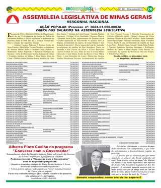 8Nº 241 - 31 de Julho/2017 26
Em maio de 2016, o Ministério Público de Minas Gerais,
por ato da 17a Promotoria de Justiça de Defesa do
Patrimônio Público, a fim de regularizar o andamento do
processo, pediu ao MM. Juiz da 2a Vara da Fazenda Pú-
blica a citação das seguintes pessoas:
• Amilcar Campos Padovani • Antônio Carlos de
Jesus Fuzatto • Júlia Salles Tavares Mendes, inventariante
de Antonio Milton Salles • Antônio Oscar Pinheiro •
Baldonedo Arthur Napoleão • Bernardo Rubinger de
Queiroz • Célio de Oliveira • Cóssimo Baltazar de Freitas
• Custódio Antônio de Mattos • Elisa Maria Alves da
Costa • Wallace Greick Simões Soares, herdeiro de Elmo
ASSEMBLEIA LEGISLATIVA DE MINAS GERAIS
VERGONHA NACIONAL
AÇÃO POPULAR (Processo nº: 0024.01.096.800-6)
FARRA DOS SALÁRIOS NA ASSEMBLEIA LEGISLATIVA
JUNTADA DE CARTA PRECATÓRIA MONTES CLAROS/MG 31/05/2017
PROTOCOLIZADA PETIÇÃO 23/05/2017
JUNTADA DE CARTA PRECATÓRIA UBERABA/MG 20/03/2017
PROTOCOLIZADA PETIÇÃO 07/03/2017
JUNTADA DE CARTA PRECATÓRIA ARAXÁ/MG 23/02/2017
PROTOCOLIZADA PETIÇÃO 21/02/2017
JUNTADA DE PETIÇÃO DE CONTESTAÇÃO 13/02/2017
PROTOCOLIZADA PETIÇÃO 09/02/2017
JUNTADA DE CARTA PRECATÓRIA JUIZ DE FORA/MG 11/01/2017
JUNTADA DE CARTA PRECATÓRIA DIVINÓPOLIS/MG 11/01/2017
JUNTADA DE CARTA PRECATÓRIA UBERLÂNDIA/MG 11/01/2017
JUNTADA DE CARTA PRECATÓRIA TEOFILO OTONI/MG NP 11/01/2017
JUNTADA DE CARTA PRECATÓRIA GOV VAL/MG NÃO CUMPR 11/01/2017
PROTOCOLIZADA PETIÇÃO 26/12/2016
JUNTADA DE CARTA PRECATÓRIA UBÁ/MG NÃO CUMPRIDA 13/12/2016
JUNTADA DE CARTA PRECATÓRIA NOVA VIÇOSA/BA 13/12/2016
JUNTADA DE CARTA PRECATÓRIA TEÓFILO OTONI/MG 13/12/2016
JUNTADA DE CARTA PRECATÓRIA UBÁ/MG 13/12/2016
PROTOCOLIZADA PETIÇÃO 24/11/2016
JUNTADA DE CARTA PRECATÓRIA NOVA LIMA/MG 21/11/2016
JUNTADA DE CARTA PRECATÓRIA SÃO JOÃO DEL REI/MG 21/11/2016
JUNTADA DE CARTA PRECATÓRIA ALFENAS/MG 21/11/2016
JUNTADA DE PETIÇÃO DE CONTESTAÇÃO 21/11/2016
PROFERIDO DESPACHO - CUMPRA-SE 10/11/2016
CONCLUSOS PARA DESPACHO JUIZ(A) SUBSTITUTO(A) 26898 04/11/2016
JUNTADA DE CARTA PRECATÓRIA PASSOS/MG 04/11/2016
JUNTADA DE CARTA PRECATÓRIA IPATINGA/MG 04/11/2016
JUNTADA DE CARTA PRECATÓRIA SÃO JOÃO D.REI/MG 04/11/2016
JUNTADA DE CARTA PRECATÓRIA ALFENAS/MG 04/11/2016
JUNTADA DE CARTA PRECATÓRIA BRUMADINHO/MG 04/11/2016
JUNTADA DE PETIÇÃO (OUTRAS) 04/11/2016
PROTOCOLIZADA PETIÇÃO 25/10/2016
JUNTADA DE PETIÇÃO DE PROCURAÇÃO 24/10/2016
RECEBIDOS OS AUTOS 24/10/2016
REMETIDOS OS AUTOS À PROMOTORIA M.P 18/10/2016
JUNTADA DE CARTA PRECATÓRIA DIVINÓPOLIS/MG 18/10/2016
JUNTADA DE CARTA PRECATÓRIA LAVRAS/MG 18/10/2016
PROTOCOLIZADA PETIÇÃO 14/10/2016
JUNTADA DE PETIÇÃO (OUTRAS) 13/10/2016
PROTOCOLIZADA PETIÇÃO 10/10/2016
ATO ORDINATÓRIO VISTA MP 07/10/2016
JUNTADA DE OFÍCIO 07/10/2016
PROTOCOLIZADA PETIÇÃO 05/10/2016
Percebe-se, claramente, o excesso de man-
dados devolvidos sem cumprimento, o que retar-
da sobremaneira o desenvolvimento regular do
processo.
É preciso que se esclareça por que tantos
mandados de citação não foram cumpridos até
hoje? Será preciso cobrar de quem? Do Ministé-
rio Público? Do Poder Judiciário? Dos Oficiais
de Justiça? Da Assembleia Legislativa? Dos De-
putados? A sociedade aguarda ansiosa pela so-
lução desse caso que já atinge mais de 200 mi-
lhões de reais. Quem resolverá essa pouca vergo-
nha que se arrasta há mais de 15 anos?
Braz Soares • Geraldo da Costa Pereira • Geraldo Paulino
Santanna • Gilmar Alves Machado • Homero Duarte
• Ibrahim Jacob Filho, representante de Ibrahim Jacob
• Isabel Aparecida do Nascimento • Cleonice Silva e
Hannas, inventariante do espólio de Jorge Hannas • José
Arnaldo Canarinho • Maria Aparecida Leal de Andrada,
inventariante do espólio de José Bonifácio Tamm de
Andrada • José Ferraz da Silva • Celise Barreiros
Laviola Cabral de Lira, filha de José Laviola Matos
(falecido) • José Maria André de Barros • José Maria
Pinto • José Reinaldo de Lima • Maria das Graças
Simões Mendonça Novaes, inventariante do espólio
de José Renato Novaes • Marcelo Vasconcelos de
Oliveira (Marcelo Cecé) • Miguel Arcanjo da Costa
Barbosa • Paulo de Oliveira Carvalho • Paulo Fernando
Soares de Oliveira • Péricles Ferreira dos Anjos • Ariadne
Veloso Fialho Lima, inventariante do espólio de Raul
Lima Neto • Roberto Mauro Amaral • Simão Pedro Toledo
• Tarcísio Humberto Parreiras Henriques • Wellington
Balbino de Castro • Maria Regina Alves Pereira, in-
ventariante do espólio de Wilson de Oliveira Trópia
• Wilson Pires Neves.
Desde então, o processo teve
o seguinte andamento:
Podemos iniciar a “Conversa com o Governador”
com as seguintes perguntas:
• Quando os deputados estaduais de Minas Gerais, inclusive V.Excia,
devolverão o dinheiro recebido ilegalmente?
• V.Excia poderia agilizar a ação popular que “corre” na justiça Estadual
há 12 anos sem ser julgada?
Para o seu conhecimento (que já deve ser) e relembrar do processo,
leia a síntese da Ação Popular.
Inconfidência, nº 201 / Abril/2014
Alberto Pinto Coelho no programa
“Conversa com o Governador”
Semanalmente, chefe do Executivo mineiro falará sobre ações do Governo
do Estado e responderá a perguntas de cidadãos
Foto: Omar Freire/Imprensa MG
RECEBIDOS OS AUTOS SEM DESPACHO 04/10/2016
CONCLUSOS PARA DESPACHO JUIZ(A) SUBSTITUTO(A) 26898 30/09/2016
JUNTADA DE CARTA PRECATÓRIA MURIAÉ/MG 30/09/2016
RECEBIDOS OS AUTOS SEM DESPACHO 30/09/2016
CONCLUSOS PARA DESPACHO JUIZ(A) SUBSTITUTO(A) 26898 29/09/2016
JUNTADA DE CARTA PRECATÓRIA CATAGUASES/MG 29/09/2016
JUNTADA DE PETIÇÃO (OUTRAS) 29/09/2016
JUNTADA DE OFÍCIO 29/09/2016
PROTOCOLIZADA PETIÇÃO 28/09/2016
JUNTADA DE PETIÇÃO DE SUBSTABELECIMENTO 27/09/2016
RECEBIDOS OS AUTOS 26/09/2016
REMETIDOS OS AUTOS À PROMOTORIA M.P 20/09/2016
JUNTADA DE PETIÇÃO (OUTRAS) 15/09/2016
EXPEDIÇÃO DE CARTA PRECATÓRIA . 09/09/2016
JUNTADA DE MANDADO 05/08/2016
MANDADO DEVOLVIDO NÃO CUMPRIDO 15 05/08/2016
JUNTADA DE MANDADO 05/08/2016
MANDADO DEVOLVIDO NÃO CUMPRIDO 14 05/08/2016
JUNTADA DE MANDADO 05/08/2016
MANDADO DEVOLVIDO CUMPRIDO 13 05/08/2016
JUNTADA DE MANDADO 05/08/2016
MANDADO DEVOLVIDO CUMPRIDO 12 05/08/2016
JUNTADA DE MANDADO 05/08/2016
MANDADO DEVOLVIDO CUMPRIDO 11 05/08/2016
JUNTADA DE MANDADO 05/08/2016
MANDADO DEVOLVIDO NÃO CUMPRIDO 10 05/08/2016
JUNTADA DE MANDADO 05/08/2016
MANDADO DEVOLVIDO NÃO CUMPRIDO 9 05/08/2016
JUNTADA DE MANDADO 05/08/2016
MANDADO DEVOLVIDO NÃO CUMPRIDO 8 05/08/2016
JUNTADA DE MANDADO 05/08/2016
MANDADO DEVOLVIDO NÃO CUMPRIDO 7 05/08/2016
JUNTADA DE MANDADO 05/08/2016
MANDADO DEVOLVIDO NÃO CUMPRIDO 6 05/08/2016
JUNTADA DE MANDADO 05/08/2016
MANDADO DEVOLVIDO NÃO CUMPRIDO 5 05/08/2016
JUNTADA DE MANDADO 05/08/2016
MANDADO DEVOLVIDO CUMPRIDO 4 05/08/2016
PROTOCOLIZADA PETIÇÃO 03/08/2016
REMETIDO O MANDADO À CENTRAL DE MANDADOS CITAÇÃO 28/06/2016
EXPEDIÇÃO DE MANDADO 28/06/2016
ATO ORDINATÓRIO EXPEÇA-SE 30/05/2016
CONCLUSOS PARA DESPACHO JUIZ(A) SUBSTITUTO(A) 32086 13/05/2016
Jamais respondeu como era de se esperar!
 