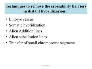 Techniques to remove the crossability barriers
in distant hybridizarion :
• Embryo rescue
• Somatic hybridization
• Alien Addition lines
• Alien substitution lines
• Transfer of small chromosome segments
D B SHARMA
 