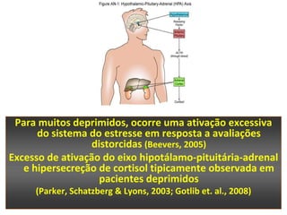 Para muitos deprimidos, ocorre uma ativação excessiva
      do sistema do estresse em resposta a avaliações
                  distorcidas (Beevers, 2005)
Excesso de ativação do eixo hipotálamo-pituitária-adrenal
   e hipersecreção de cortisol tipicamente observada em
                    pacientes deprimidos
     (Parker, Schatzberg & Lyons, 2003; Gotlib et. al., 2008)
 