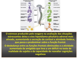 O estresse produzido pelo exagero na avaliação das situações
   estressantes deixa o eixo hipotálamo-pituitária-adrenal mais
 ativado, aumentando a secreção de cortisol e atividade límbica,
          que passa a predominar sobre a função frontal.
O desbalanço entre as funções frontais diminuídas e a atividade
     aumentada da amígdala que leva a um déficit no teste de
    realidade do sujeito e da capacidade de reavaliar cognições
                             negativas
 