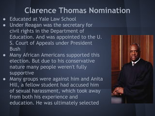 Clarence Thomas Nomination
● Educated at Yale Law School
● Under Reagan was the secretary for
  civil rights in the Department of
  Education. And was appointed to the U.
  S. Court of Appeals under President
  Bush
● Many African Americans supported this
  election. But due to his conservative
  nature many people weren't fully
  supportive
● Many groups were against him and Anita
  Hill, a fellow student had accused him
  of sexual harassment, which took away
  from both his experience and
  education. He was ultimately selected
 