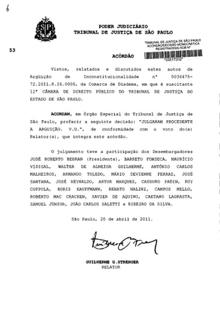 •íSíP;                     PODER JUDICIÁRIO
                       TRIBUNAL DE JUSTIÇA DE SÃO PAULO
                                                        TRIBUNAL DE JUSTIÇA DE SÃO PAULO
                                                        T
                                                          ACÓSDAÕ/DECISÃO MONOCRATICA
                                                              p P í ^ m T R A D O ( A ) S O b IN


                                          ACÓRDÃO

          Vistos,       relatados     e    discutidos    estes           autos              de
Arguição          de       Inconstitucionalidade             n°              0036475-
72.2011.8.26.0000, da Comarca de Diadema, em que é suscitante
12a    CÂMARA DE DIREITO PÚBLICO DO TRIBUNAL DE JUSTIÇA DO
ESTADO DE SÃO PAULO.


          ACORDAM, em Órgão Especial do Tribunal de Justiça de
São Paulo, proferir a seguinte decisão: "JULGARAM PROCEDENTE
A     ARGUIÇÃO.    V.U.",       de   conformidade    com     o      voto do(a)
Relator(a), que integra este acórdão.


          O julgamento teve a participação dos Desembargadores
JOSÉ ROBERTO BEDRAN            (Presidente), BARRETO FONSECA, MAURÍCIO
VIDIGAL,     WALTER       DE    ALMEIDA     GUILHERME,      ANTÓNIO               CARLOS
MALHEIROS,    ARMANDO       TOLEDO,       MÁRIO   DEVIENNE       FERRAZ,                JOSÉ
SANTANA, JOSÉ REYNALDO, ARTUR MARQUES, CAUDURO PADIN, RUY
COPPOLA,     BORIS      KAUFFMANN,     RENATO     NALINI,    CAMPOS               MELLO,
ROBERTO MAC CRACKEN, XAVIER               DE AQUINO, CAETANO LAGRASTA,
SAMUEL JÚNIOR, JOÃO CARLOS SALETTI e RIBEIRO DA SILVA.


                       São Paulo, 20 de abril de 2011.




                            GUILHERME G.STRENGER
                                  RELATOR
 