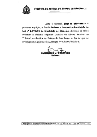 TRIBUNAL DE JUSTIÇA DO ESTADO DE SÃO PAULO




                           Ante o exposto, julga-se procedente a
presente arguição, a fim de declarar a inconstitucionalidade da
Lei n° 2.096/01 do Município de Diadema, devendo os autos
retornar à Décima Segunda Câmara de Direito Público do
Tribunal de Justiça do Estado de São Paulo, a fim de que se
prossiga no julgamento da Apelação n° 990.10.307921-3.



                     GUILHERME G.MSTRENGER
                            Relator




Arguição de inconstitucionalidade n° 0036475-72.2011.8.26   Voto n° 15242   5/5
 