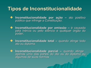 Tipos de Inconstitucionalidade   Inconstitucionalidade por ação –  ato positivo público que infringe a Constituição; Inconstitucionalidade por omissão –  é causada pela inércia ou pelo silêncio e qualquer órgão do poder; Inconstitucionalidade total –  quando atinge todo ato ou diploma Inconstitucionalidade parcial –  quando atinge  apenas uma das partes do ato ou do diploma ou algumas de suas normas 