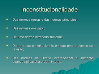 Inconstitucionalidade Das normas regras e das normas princípios; Das normas em vigor; De uma norma infraconstitucional; Das normas constitucionais criadas pelo processo de revisão; Das normas de Direito Internacional e somente quando aplicável a ordem interna; 