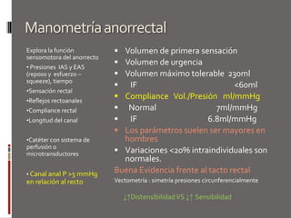 Manometría anorrectalExplora la función sensomotora del anorrecto Presiones  IAS y EAS (reposo y  esfuerzo – squeeze), tiempo