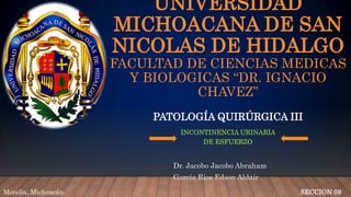 UNIVERSIDAD
MICHOACANA DE SAN
NICOLAS DE HIDALGO
FACULTAD DE CIENCIAS MEDICAS
Y BIOLOGICAS “DR. IGNACIO
CHAVEZ”
PATOLOGÍA QUIRÚRGICA III
INCONTINENCIA URINARIA
DE ESFUERZO
Dr. Jacobo Jacobo Abraham
García Ríos Edson Aldair
SECCION 09Morelia, Michoacán.
 