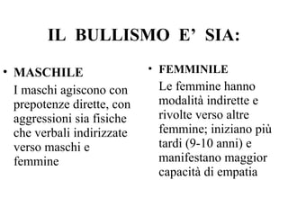 IL BULLISMO E’ SIA:
• MASCHILE
I maschi agiscono con
prepotenze dirette, con
aggressioni sia fisiche
che verbali indirizzate
verso maschi e
femmine
• FEMMINILE
Le femmine hanno
modalità indirette e
rivolte verso altre
femmine; iniziano più
tardi (9-10 anni) e
manifestano maggior
capacità di empatia
 