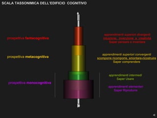 SCALA TASSONIMICA DELL’EDIFICIO COGNITIVO




                                                 apprendimenti superiori divergenti
  prospettiva fantacognitiva                    intuizione, invenzione e creatività
                                                     Saper pensare e inventare



                                               apprendimenti superiori convergenti
  prospettiva metacognitiva                 scomporre ricomporre, smontare-ricostruire
                                                       Saper comprendere



                                                    apprendimenti intermedi
                                                         Saper Usare
   prospettiva monocognitiva
                                                    apprendimenti elementari
                                                       Saper Riprodurre




                                                                                      <
 