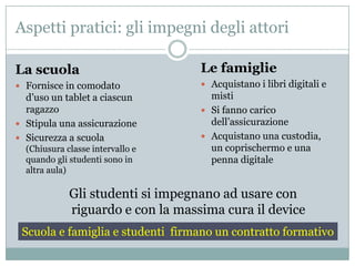Aspetti pratici: gli impegni degli attori

La scuola                          Le famiglie
 Fornisce in comodato              Acquistano i libri digitali e
  d’uso un tablet a ciascun          misti
  ragazzo                           Si fanno carico
 Stipula una assicurazione          dell’assicurazione
 Sicurezza a scuola                Acquistano una custodia,
  (Chiusura classe intervallo e      un coprischermo e una
  quando gli studenti sono in        penna digitale
  altra aula)

             Gli studenti si impegnano ad usare con
             riguardo e con la massima cura il device
 Scuola e famiglia e studenti firmano un contratto formativo
 