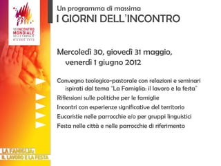 I GIORNI DELL ’ INCONTRO Mercoledì 30, giovedì 31 maggio, venerdì 1 giugno 2012 Convegno teologico-pastorale con relazioni e seminari ispirati dal tema  “ La Famiglia: il lavoro e la festa ” Riflessioni sulle politiche per le famiglie Incontri con esperienze significative del territorio Eucaristie nelle parrocchie e/o per gruppi linguistici Festa nelle città e nelle parrocchie di riferimento Un programma di massima 