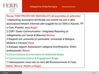 Delegazione Emilia-Romagna

Seconda Riunione

Recap TEMI PRIORITARI INDIVIDUATI all’assemblea di settembre
1.Networking associativo territoriale con incontri tra soci e altre
associazioni/network informali (altri soggetti tra cui ODG e Assorel, TP
e Com. Pubblici, ecc) Biagio
2.CSR / Green Communication / Integrated Reporting (in
collegamento con Oscar di Bilancio) Monica
3.Rapporti con università (in particolare: Università di Bologna,
Modena e Ferrara) Marta
4.Sviluppo rapporti Associazioni categoria (Confindustria, Ordini
professionali) Alberto
5.Comunicazione & terremoto/crisi ambientali Biagio
6.Comunicazione Interna & Engagement Biagio
7.Valorizzazione verso soci (e non) del Riconoscimento di Ferpi
Marta, Monica, Alberto e Biagio
12.12.2013

n. pagina

 