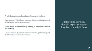 In machine learning,
domain expertise means
less than you might think
Predicting customer churn in an eCommerce business
Data Scientist: “OK, i’ll start with these features, gridsearch a good
XGBClassifier and iterate from there”
Predicting if heavy machinery is likely to break down within
the next day
Data Scientist: “OK, i’ll start with these features, gridsearch a good
XGBClassifier and iterate from there”
 