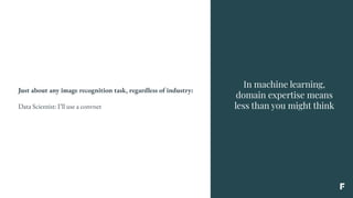 In machine learning,
domain expertise means
less than you might think
Just about any image recognition task, regardless of industry:
Data Scientist: I’ll use a convnet
 