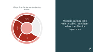 Machine learning can’t
really be called “intelligent”
unless you allow for
exploration
Learn
Log
Deploy
Almost all production machine learning
systems
 