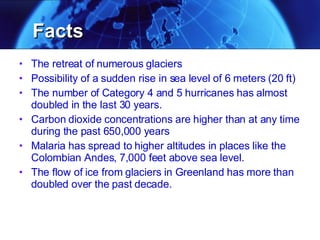 Facts The retreat of numerous glaciers Possibility of a sudden rise in sea level of 6 meters (20 ft) The number of Category 4 and 5 hurricanes has almost doubled in the last 30 years. Carbon dioxide concentrations are higher than at any time during the past 650,000 years Malaria has spread to higher altitudes in places like the Colombian Andes, 7,000 feet above sea level. The flow of ice from glaciers in Greenland has more than doubled over the past decade.  