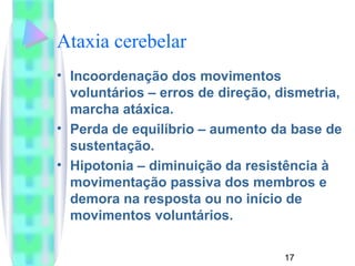 Ataxia cerebelar 
• Incoordenação dos movimentos 
voluntários – erros de direção, dismetria, 
marcha atáxica. 
• Perda de equilíbrio – aumento da base de 
sustentação. 
• Hipotonia – diminuição da resistência à 
movimentação passiva dos membros e 
demora na resposta ou no início de 
movimentos voluntários. 
17 
 