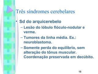 Três síndromes cerebelares 
• Sd do arquicerebelo 
– Lesão do lóbulo flóculo-nodular e 
verme. 
– Tumores da linha média. Ex.: 
neuroblastoma. 
– Somente perda do equilíbrio, sem 
alteração do tônus muscular. 
Coordenação preservada em decúbito. 
18 
 