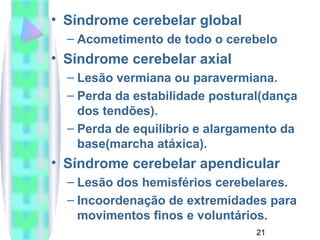 • Síndrome cerebelar global 
– Acometimento de todo o cerebelo 
• Síndrome cerebelar axial 
– Lesão vermiana ou paravermiana. 
– Perda da estabilidade postural(dança 
dos tendões). 
– Perda de equilíbrio e alargamento da 
base(marcha atáxica). 
• Síndrome cerebelar apendicular 
– Lesão dos hemisférios cerebelares. 
– Incoordenação de extremidades para 
movimentos finos e voluntários. 
21 
 