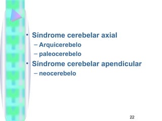 • Síndrome cerebelar axial 
– Arquicerebelo 
– paleocerebelo 
• Síndrome cerebelar apendicular 
– neocerebelo 
22 
 