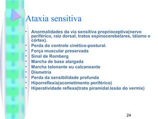 Ataxia sensitiva 
• Anormalidades da via sensitiva proprioceptiva(nervo 
periférico, raiz dorsal, tratos espinocerebelares, tálamo e 
córtex). 
• Perda do controle cinético-postural. 
• Força muscular preservada 
• Sinal de Romberg 
• Marcha de base alargada 
• Marcha talonante ou calcaneante 
• Dismetria 
• Perda da sensibilidade profunda 
• Hiporreflexia(acometimento periférico) 
• Hiperatividade reflexa(trato piramidal.lesão do vermix) 
24 
 