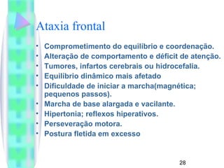 Ataxia frontal 
• Comprometimento do equilíbrio e coordenação. 
• Alteração de comportamento e déficit de atenção. 
• Tumores, infartos cerebrais ou hidrocefalia. 
• Equilíbrio dinâmico mais afetado 
• Dificuldade de iniciar a marcha(magnética; 
pequenos passos). 
• Marcha de base alargada e vacilante. 
• Hipertonia; reflexos hiperativos. 
• Perseveração motora. 
• Postura fletida em excesso 
28 
 