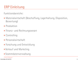 ERP Einleitung
       Funktionsbereiche:
       ‣ Materialwirtschaft (Beschaffung, Lagerhaltung, Disposition,
         Bewertung)
       ‣ Produktion
       ‣ Finanz- und Rechnungswesen
       ‣ Controlling
       ‣ Personalwirtschaft
       ‣ Forschung und Entwicklung
       ‣Verkauf und Marketing
       ‣Stammdatenverwaltung
Donnerstag, 06. Mai 2010                                               6
 