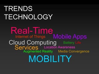 TRENDSTECHNOLOGYReal-TimeMobile AppsInternet of ThingsCloud ComputingBattery LifeServicesLocation AwarenessAugmented RealityMedia ConvergenceMOBILITY