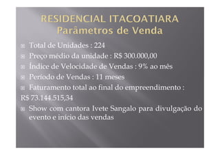 Total de Unidades : 224
  Preço médio da unidade : R$ 300.000,00
  Índice de Velocidade de Vendas : 9% ao mês
  Período de Vendas : 11 meses
  Faturamento total ao final do empreendimento :
R$ 73.144.515,34
  Show com cantora Ivete Sangalo para divulgação do
  evento e início das vendas
 