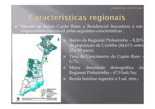 Situado no bairro Capão Raso, o Residencial Itacoatiara é um
empreendimento viável pelas seguintes características :

                       Bairro da Regional Pinheirinho – 8,20%
                       da população de Curitiba (44,61% entre
                       25 e 59 anos);
                       Taxa de Crescimento do Capão Raso –
                       0,7%;
                       Maior densidade demográfica da
                       Regional Pinheirinho – 67,9 hab/ha;
                       Renda familiar superior a 3 sal. min.;
 