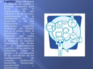  Logística: Hace referencia
al conjunto de medios y
métodos necesarios para
llevar a cabo la
organización de una
empresa o de un servicio,
especialmente, de la
distribución de sus
productos o de sus
suministros. Las
actividades logísticas
conforman un sistema
que es el enlace entre la
producción y los
mercados que están
separados por el tiempo y
la distancia. La logística
empresarial, por medio
de la administración
logística y de la cadena de
suministro, cubre la
gestión y la planificación
de las actividades de los
departamentos de
compras, producción,
transporte, almacenaje,
manutención y
distribución.
 
