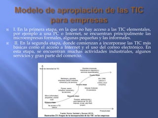  I. En la primera etapa, en la que no hay acceso a las TIC elementales,
por ejemplo a una PC o Internet, se encuentran principalmente las
microempresas formales, algunas pequeñas y las informales.
 II. En la segunda etapa, donde comienzan a incorporase las TIC más
básicas como el acceso a Internet y el uso del correo electrónico. En
esta etapa, se encuentran muchas actividades industriales, algunos
servicios y gran parte del comercio.
 