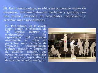 IV. Por último, en la cuarta
etapa, donde la existencia de
TIC implica adaptar el
equipamiento y las
capacidades del personal,
usualmente se ubica un
porcentaje muy pequeño de
empresas; principalmente
algunas grandes y empresas
de distintos tamaños que
operan en sectores industriales
y de servicios especializados
de alta intensidad tecnológica
III. En la tercera etapa, se ubica un porcentaje menor de
empresas, fundamentalmente medianas y grandes, con
una mayor presencia de actividades industriales y
servicios más especializados.
 
