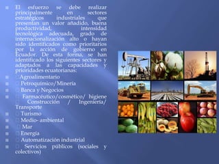  El esfuerzo se debe realizar
principalmente en sectores
estratégicos industriales que
presentan un valor añadido, buena
productividad, intensidad
tecnológica adecuada, grado de
internacionalización alto o hayan
sido identificados como prioritarios
por la acción de gobierno en
Ecuador. De esta forma, se han
identificado los siguientes sectores y
adaptados a las capacidades y
prioridades ecuatorianas:
 Agroalimentario
 Petroquímico/Minería
 Banca y Negocios
 Farmacéutico/cosmético/ higiene
Construcción / Ingeniería/
Transporte
 Turismo
 Medio- ambiental
 Mar
 Energía
 Automatización industrial
 Servicios públicos (sociales y
colectivos)
 