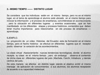 2.- MISMO TIEMPO -------  DISTINTO LUGAR Se considera  que los individuos  estén en  el mismo  tiempo, pero no en el mismo lugar, en el tema de aprendizaje el alumno está ubicado  en el mismo tiempo para innovar la información  y el proceso de enseñanza, convirtiéndose en acontecimiento , pero la ubicación en diferentes lugares  y eventos ocasionales  que se han manifestado  en los diferentes   etapas y procesos históricos ,contenidos que  deben tener mucha importancia  para relacionarlos  en ele proceso de enseñanza --- aprendizaje. EJEMPLO.La  proyección de  un video  Historias  del Ecuador, esta da formación en el mismo tiempo, pero el hecho histórico  se efectuó en diferentes  lugares que el  receptor  podrá  observar  la variación de los acontecimientos. La clase virtual  Asesoramiento  nuevas tendencias tecnológicas, donde  el alumno  recepta  su clase  en el  mismo tiempo , pero  sin embargo    observa el contenido  de dicha clase en  diferentes lugares del país ,Machala, Carchi, Imbabura  y demás centros del país.De esta manera  se efectúa  en distinto lugar, siendo el objetivo emitir el mismo mensaje  de aplicación de conocimientos  a sus alumnos, los alumnos receptarán  de acuerdo a su capacidad intelectual.