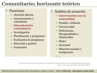 Perfiles profesionales del psicólogo: Psicología de la intervención social. Colegio oficial de psicólogos http://www.cop.es/perfiles/contenido/is.htm Funciones Atención directa Asesoramiento y consultoría Dinamización comunitaria Investigación Planificación y programas Evaluación de programas Dirección y gestión Formación Ámbitos de actuación Intervención con la comunidad Familia e infancia Tercera edad Deficiencias, discapacidades y minusvalías Mujer Juventud Minorías sociales e inmigrantes … Modelos prácticos del desarrollo comunitario: sujetos y actores  Asier Gallastegi  Incorpora Leioa 2009 Comunitario; horizonte teórico 
