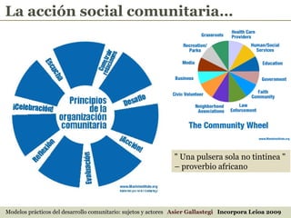 " Una pulsera sola no tintinea "  –  proverbio africano Modelos prácticos del desarrollo comunitario: sujetos y actores  Asier Gallastegi  Incorpora Leioa 2009 La acción social comunitaria… 